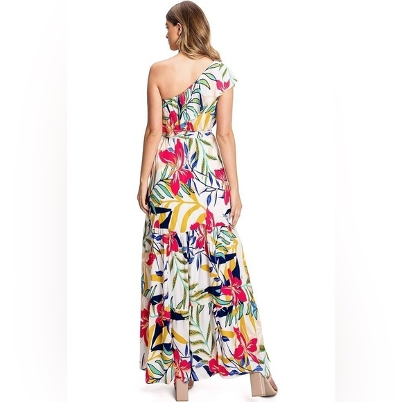 Flying Tomato One shoulder ruffle floral tropical print tiered maxi dress, L - Picture 3 of 15